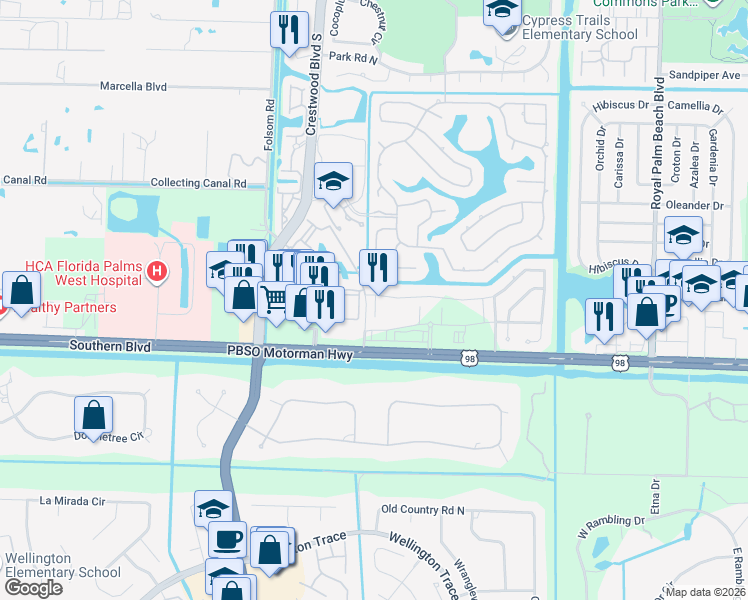 map of restaurants, bars, coffee shops, grocery stores, and more near 91 Palm Lane in Royal Palm Beach