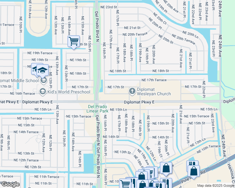 map of restaurants, bars, coffee shops, grocery stores, and more near 1710 Northeast 16th Terrace in Cape Coral
