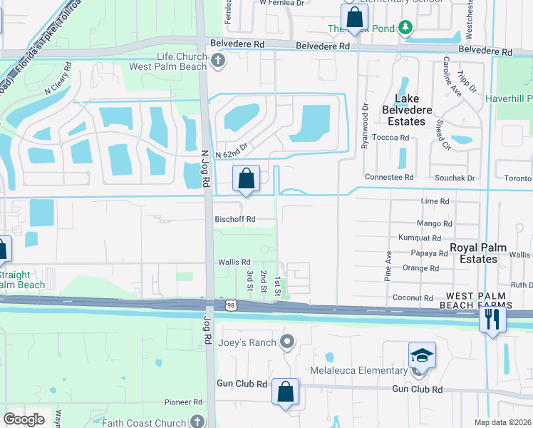 map of restaurants, bars, coffee shops, grocery stores, and more near 6289 Bischoff Road in West Palm Beach