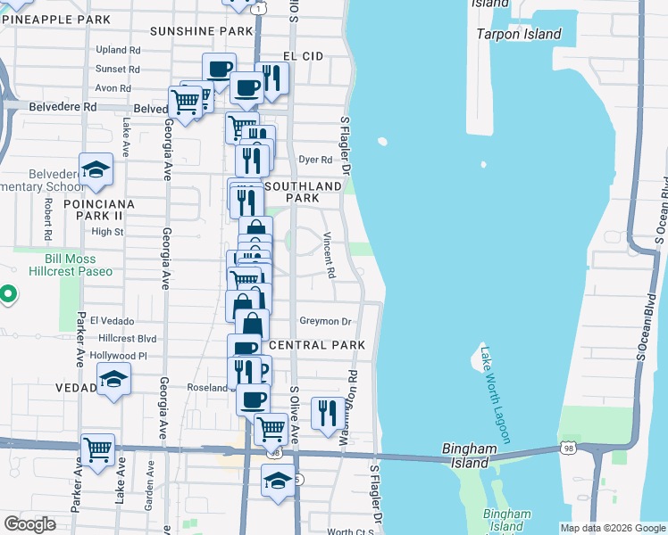 map of restaurants, bars, coffee shops, grocery stores, and more near 3130 Vincent Road in West Palm Beach
