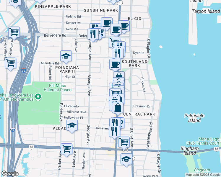 map of restaurants, bars, coffee shops, grocery stores, and more near 410 Hampton Road in West Palm Beach