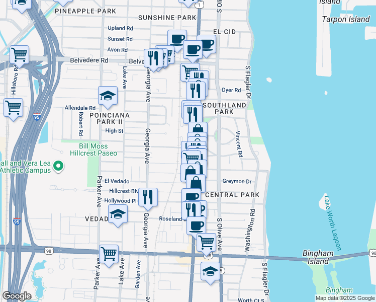 map of restaurants, bars, coffee shops, grocery stores, and more near 410 Hampton Road in West Palm Beach