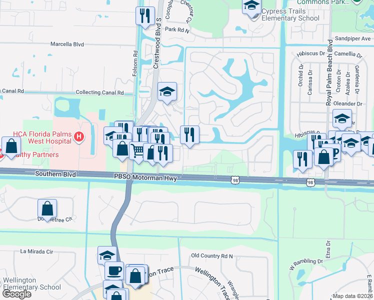 map of restaurants, bars, coffee shops, grocery stores, and more near 99 Palm Lane in Royal Palm Beach