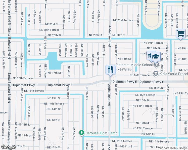 map of restaurants, bars, coffee shops, grocery stores, and more near 1615 Northeast 6th Place in Cape Coral