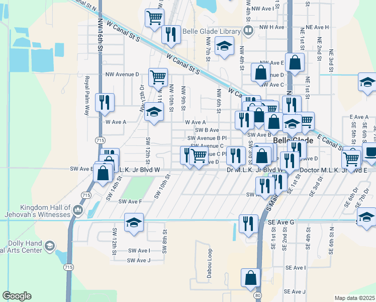 map of restaurants, bars, coffee shops, grocery stores, and more near 348 Southwest 8th Street in Belle Glade
