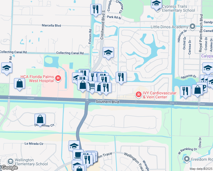 map of restaurants, bars, coffee shops, grocery stores, and more near 1100 Crestwood Court South in Royal Palm Beach