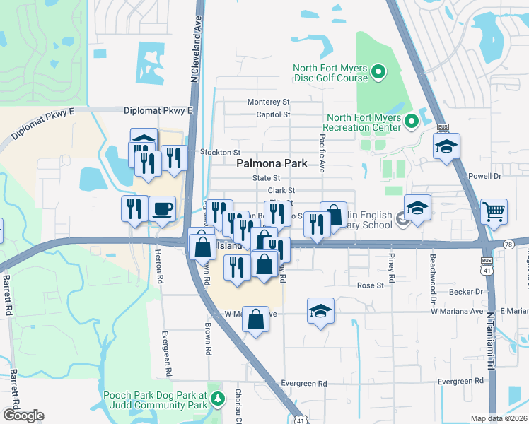 map of restaurants, bars, coffee shops, grocery stores, and more near 452 San Bernardino Street in North Fort Myers