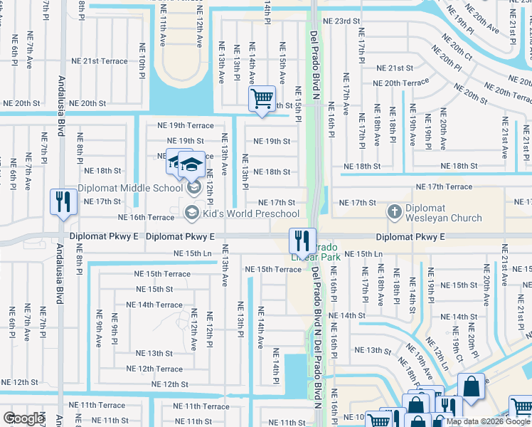map of restaurants, bars, coffee shops, grocery stores, and more near 1404 Northeast 16th Terrace in Cape Coral