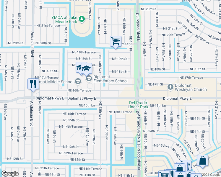 map of restaurants, bars, coffee shops, grocery stores, and more near 1321 Northeast 16th Terrace in Cape Coral