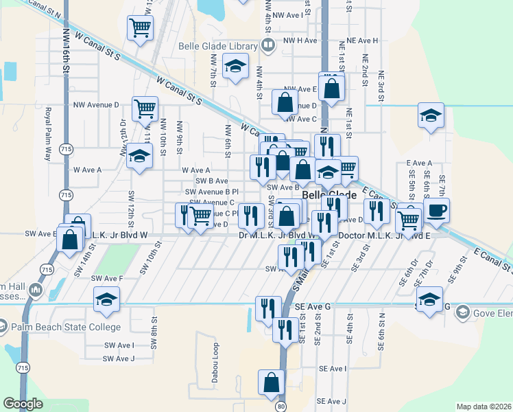 map of restaurants, bars, coffee shops, grocery stores, and more near 332 Southwest 3rd Street in Belle Glade