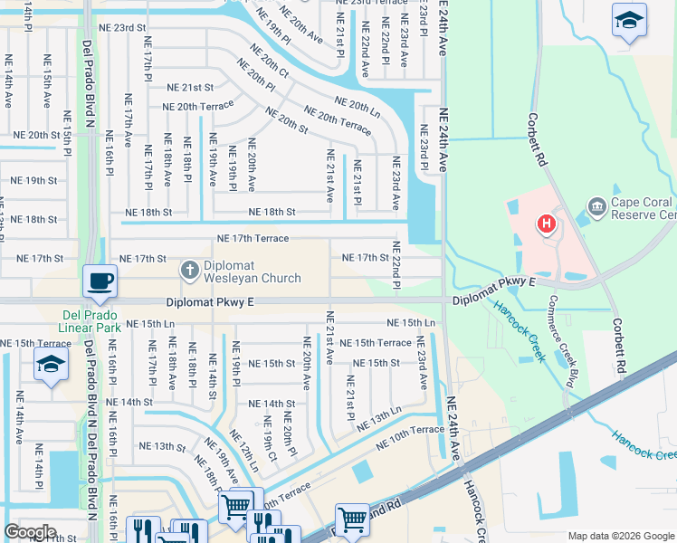 map of restaurants, bars, coffee shops, grocery stores, and more near 2102 Northeast 16th Terrace in Cape Coral