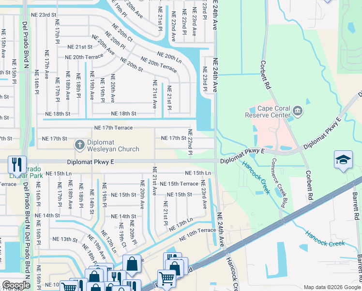 map of restaurants, bars, coffee shops, grocery stores, and more near 2130 Northeast 16th Terrace in Cape Coral