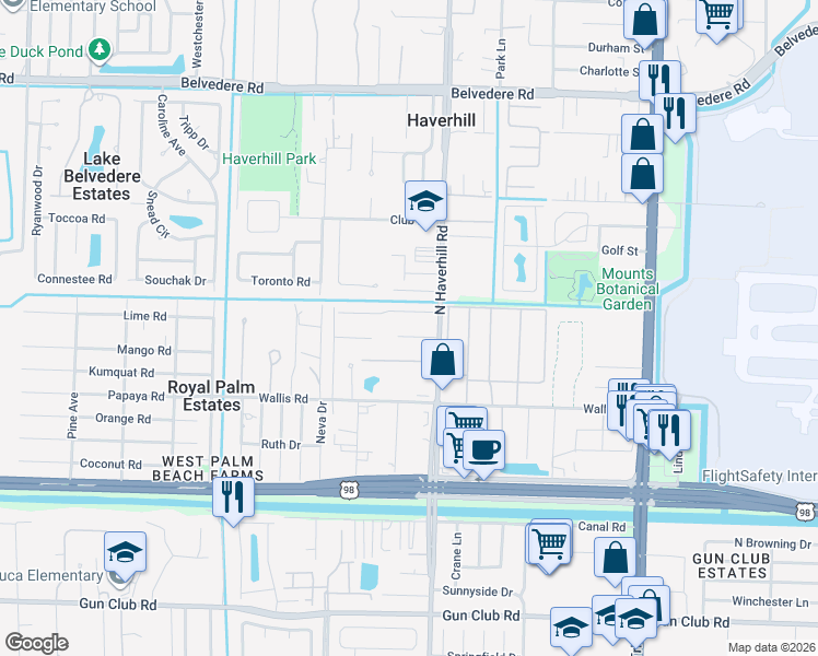 map of restaurants, bars, coffee shops, grocery stores, and more near 5050 Pinebreeze Court in West Palm Beach