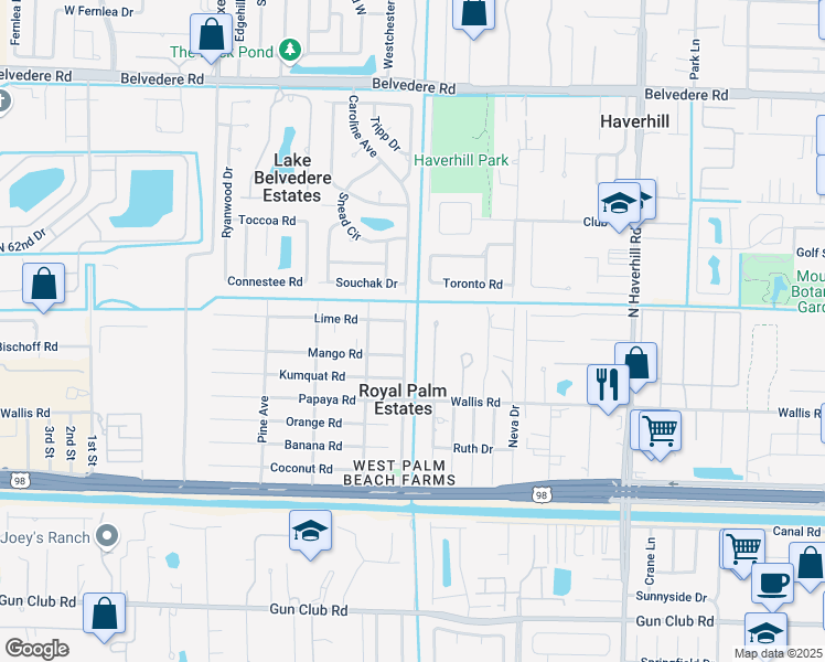 map of restaurants, bars, coffee shops, grocery stores, and more near 394 Caroline Avenue in West Palm Beach