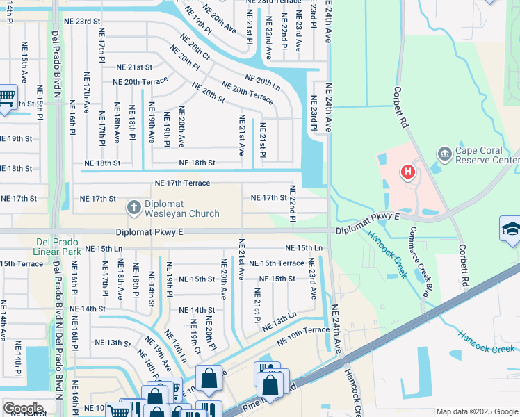 map of restaurants, bars, coffee shops, grocery stores, and more near 2130 Northeast 16th Terrace in Cape Coral