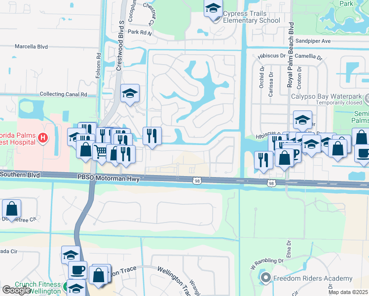 map of restaurants, bars, coffee shops, grocery stores, and more near 12000 Cypress Key Way in Royal Palm Beach