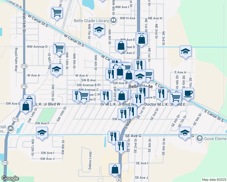 map of restaurants, bars, coffee shops, grocery stores, and more near 300 Southwest 3rd Street in Belle Glade