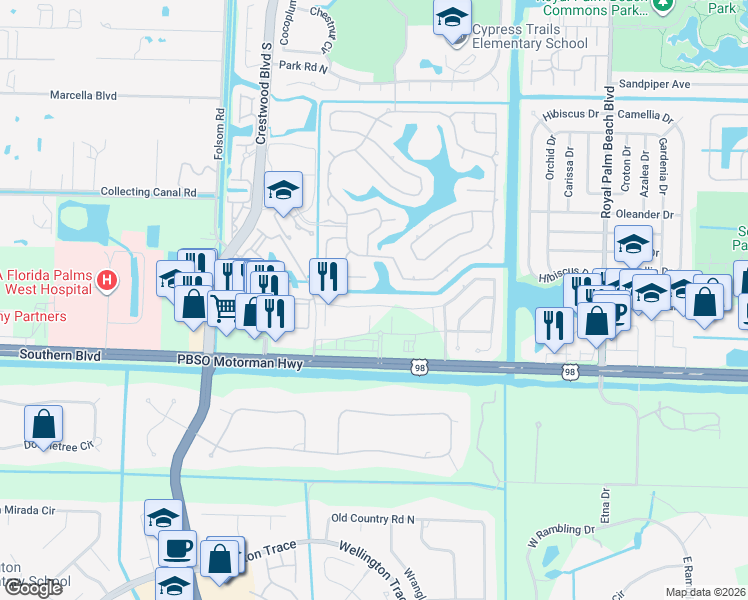 map of restaurants, bars, coffee shops, grocery stores, and more near 11991 Cypress Key Way in Royal Palm Beach