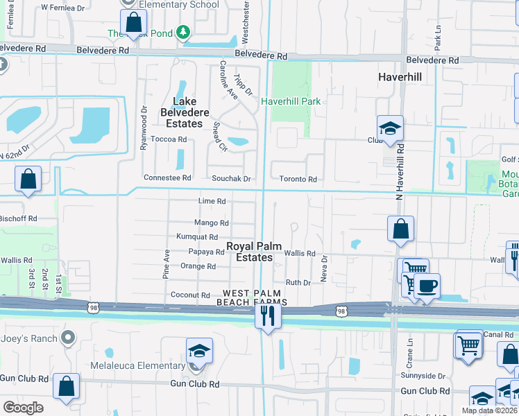 map of restaurants, bars, coffee shops, grocery stores, and more near 394 Caroline Avenue in West Palm Beach