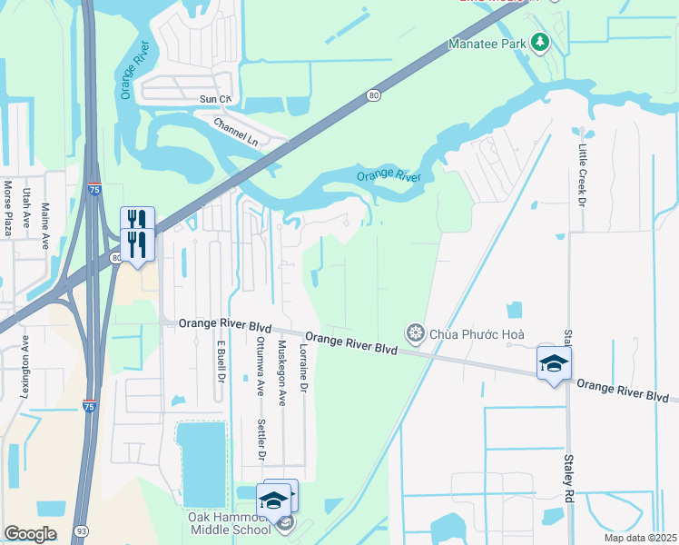 map of restaurants, bars, coffee shops, grocery stores, and more near 10311 Orange River Boulevard in Fort Myers