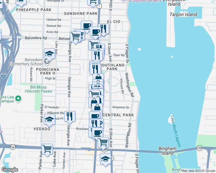 map of restaurants, bars, coffee shops, grocery stores, and more near 336 Marlborough Place in West Palm Beach