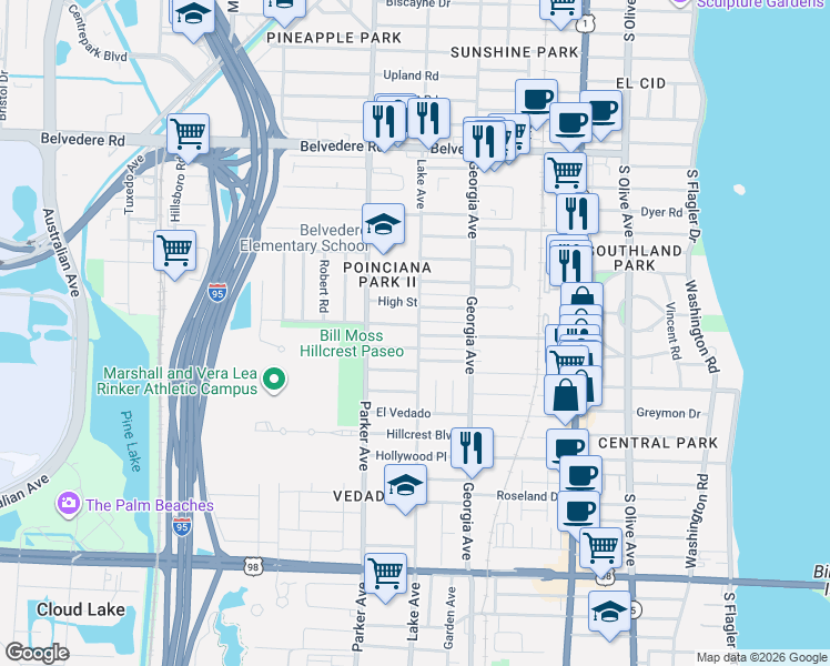 map of restaurants, bars, coffee shops, grocery stores, and more near 806 Ridgewood Drive in West Palm Beach