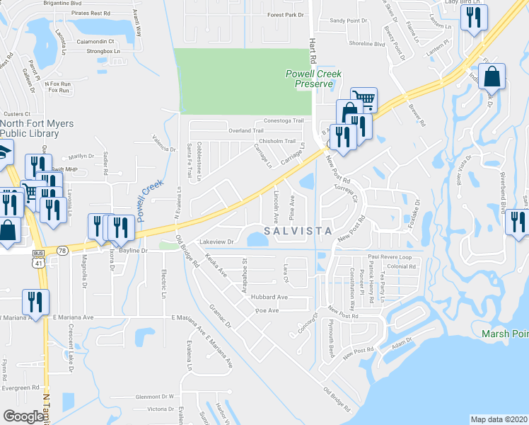 map of restaurants, bars, coffee shops, grocery stores, and more near 1380 Washington Drive in North Fort Myers