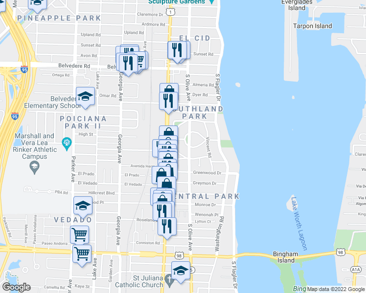 map of restaurants, bars, coffee shops, grocery stores, and more near 336 Marlborough Place in West Palm Beach