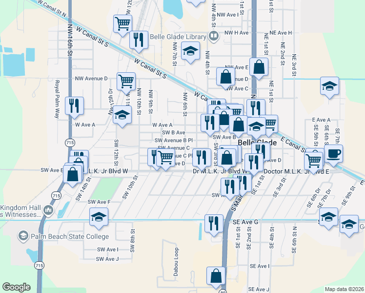 map of restaurants, bars, coffee shops, grocery stores, and more near 617 Southwest Avenue C Place in Belle Glade