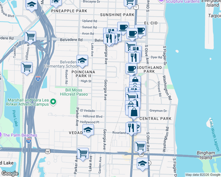 map of restaurants, bars, coffee shops, grocery stores, and more near 3222 Georgia Avenue in West Palm Beach