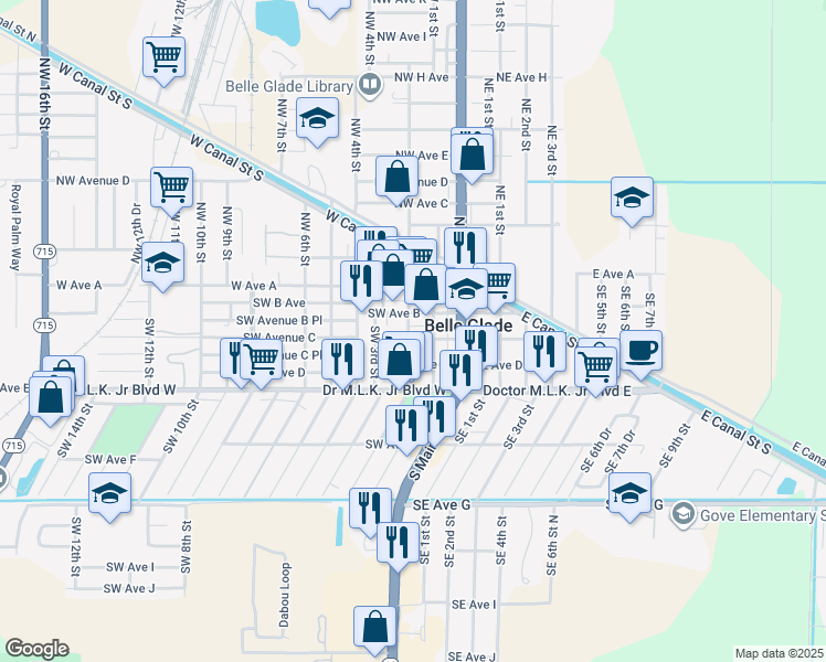 map of restaurants, bars, coffee shops, grocery stores, and more near 201 Southwest Avenue B in Belle Glade