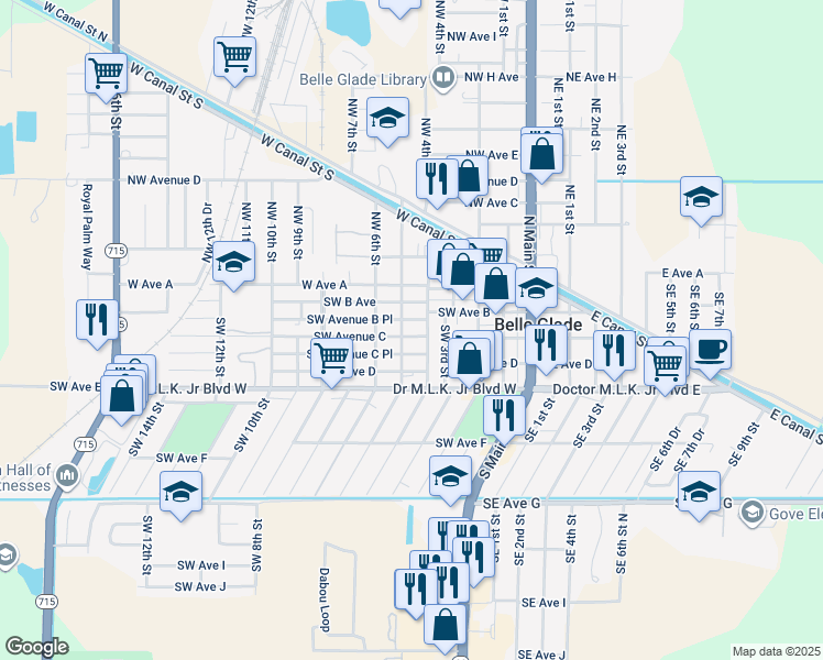 map of restaurants, bars, coffee shops, grocery stores, and more near 200 Southwest 5th Street in Belle Glade