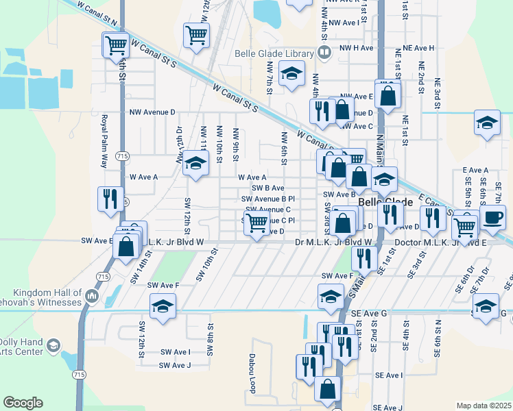 map of restaurants, bars, coffee shops, grocery stores, and more near 208 Southwest 8th Street in Belle Glade