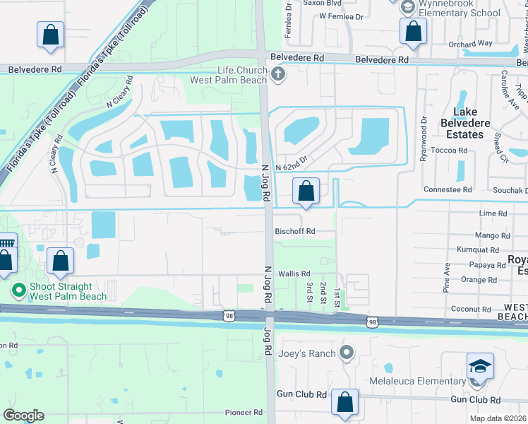 map of restaurants, bars, coffee shops, grocery stores, and more near 4490 Buena Tara Drive in West Palm Beach