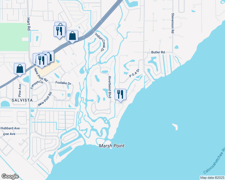 map of restaurants, bars, coffee shops, grocery stores, and more near 15180 Riverbend Boulevard in North Fort Myers