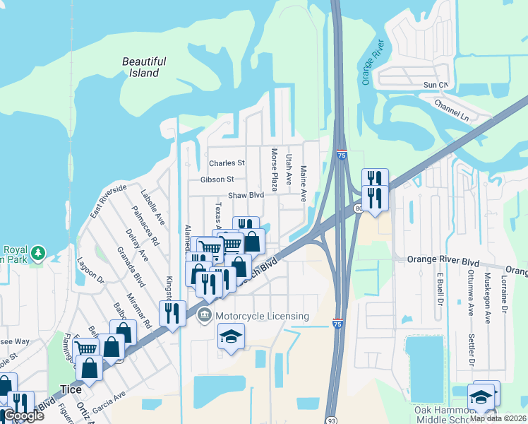map of restaurants, bars, coffee shops, grocery stores, and more near Circle Drive in Fort Myers