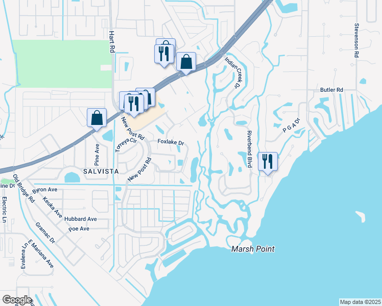 map of restaurants, bars, coffee shops, grocery stores, and more near 5704 Foxlake Drive in North Fort Myers