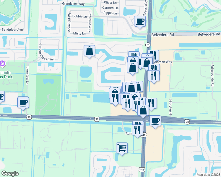 map of restaurants, bars, coffee shops, grocery stores, and more near 163 Bella Vista Way in Royal Palm Beach