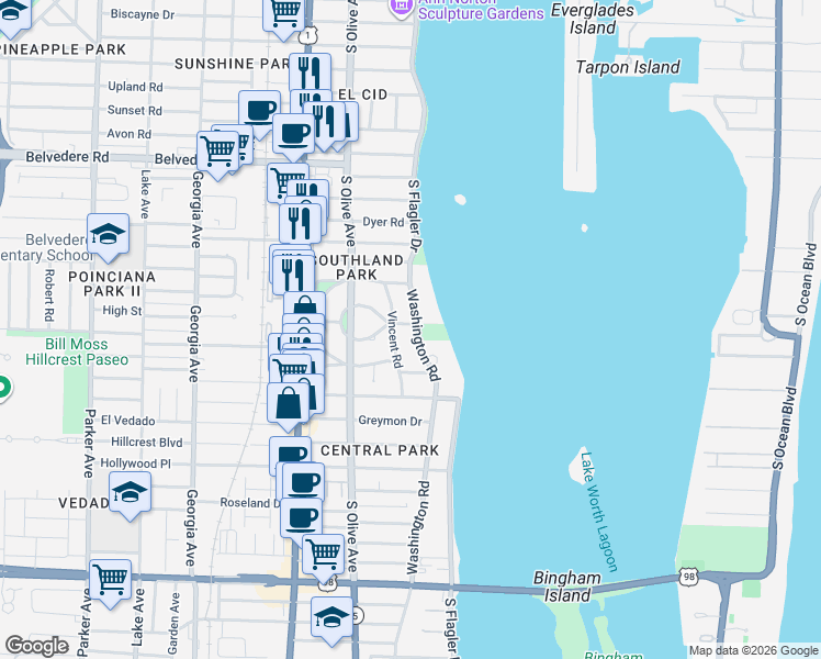 map of restaurants, bars, coffee shops, grocery stores, and more near 3034 Vincent Road in West Palm Beach