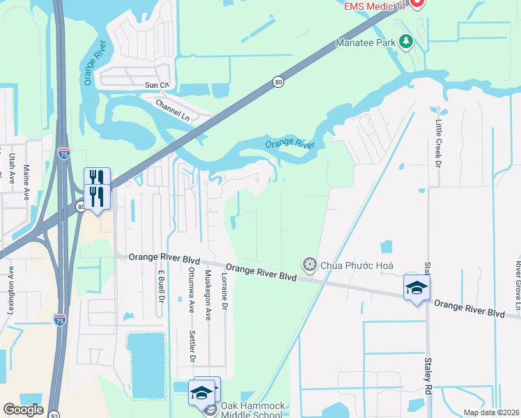 map of restaurants, bars, coffee shops, grocery stores, and more near 4040 Woodbrier Drive in Fort Myers