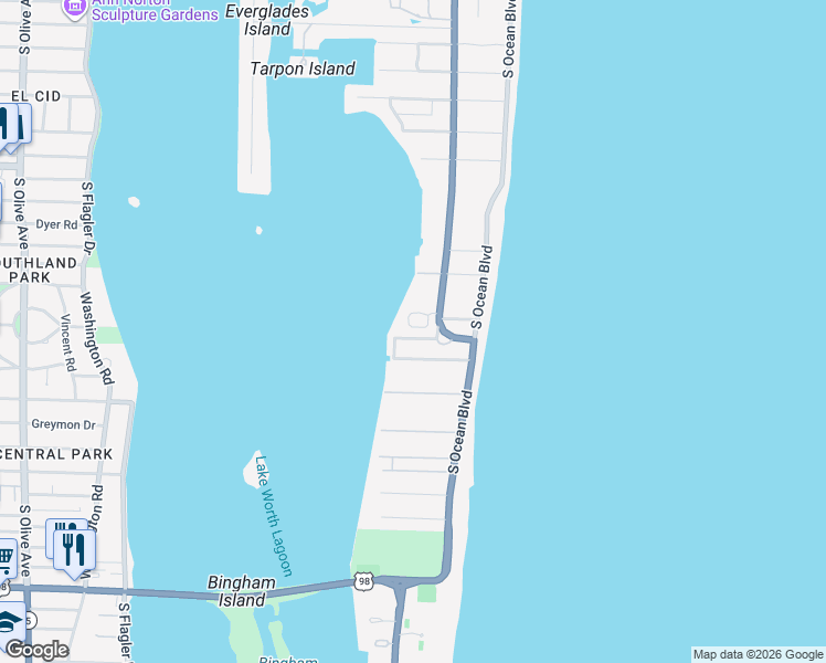 map of restaurants, bars, coffee shops, grocery stores, and more near 9 Via Vizcaya in Palm Beach
