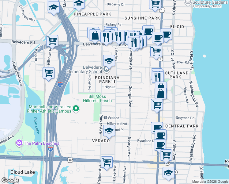 map of restaurants, bars, coffee shops, grocery stores, and more near 801 Hampton Road in West Palm Beach