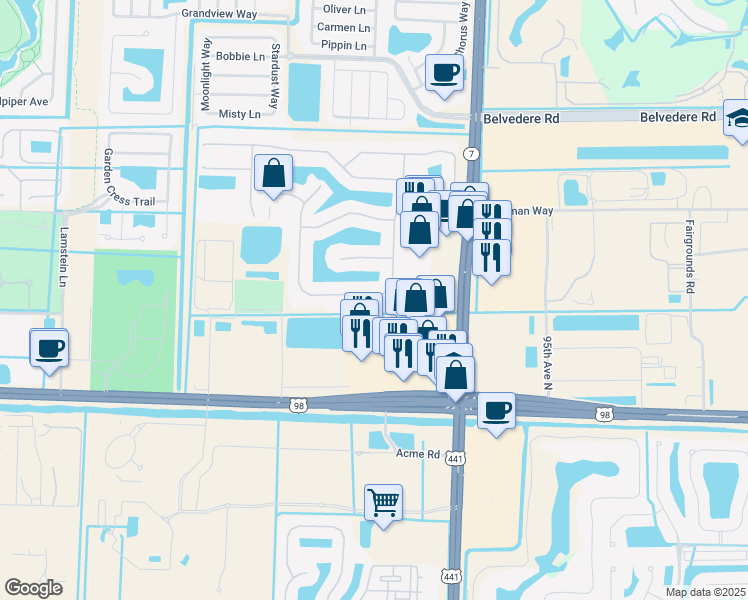 map of restaurants, bars, coffee shops, grocery stores, and more near 146 Bella Vista Way in Royal Palm Beach