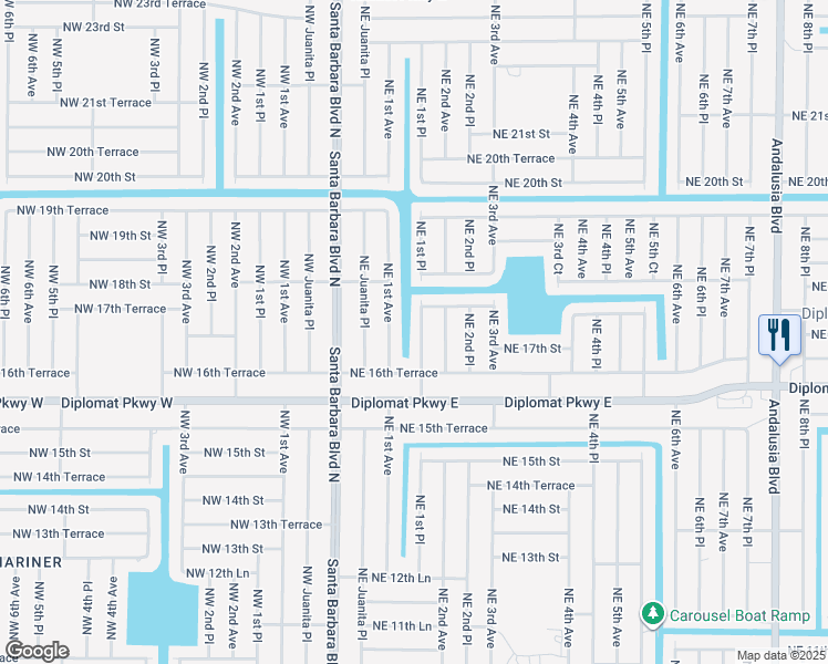 map of restaurants, bars, coffee shops, grocery stores, and more near 1710 Northeast 1st Place in Cape Coral