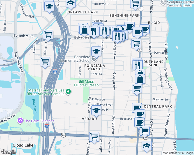 map of restaurants, bars, coffee shops, grocery stores, and more near 806 High Street in West Palm Beach