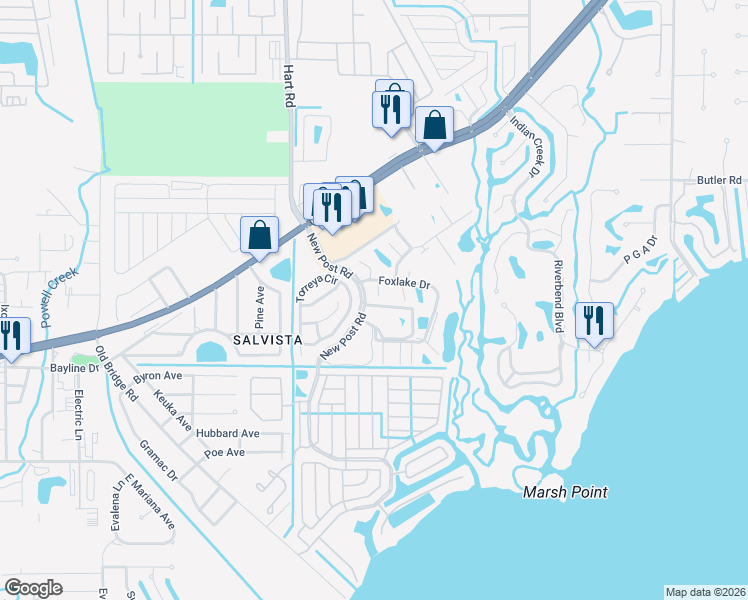 map of restaurants, bars, coffee shops, grocery stores, and more near 5634 Foxlake Drive in North Fort Myers