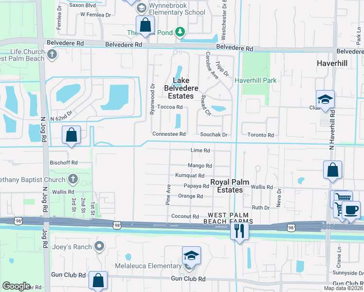 map of restaurants, bars, coffee shops, grocery stores, and more near 5803 Lime Road in West Palm Beach