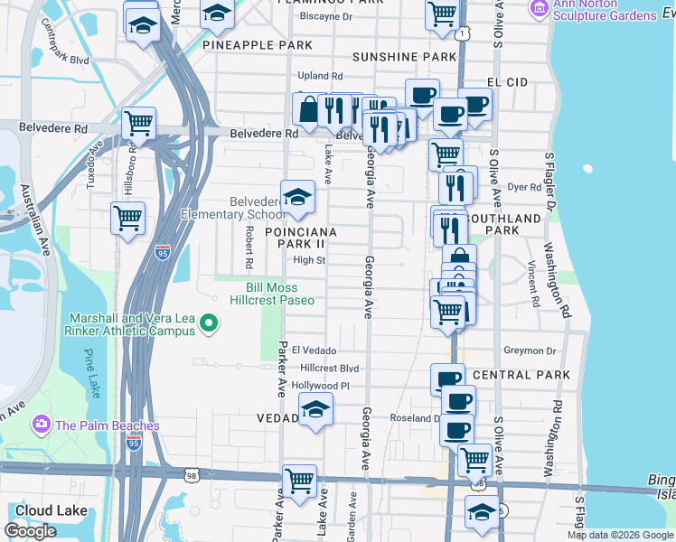 map of restaurants, bars, coffee shops, grocery stores, and more near 721 High Street in West Palm Beach