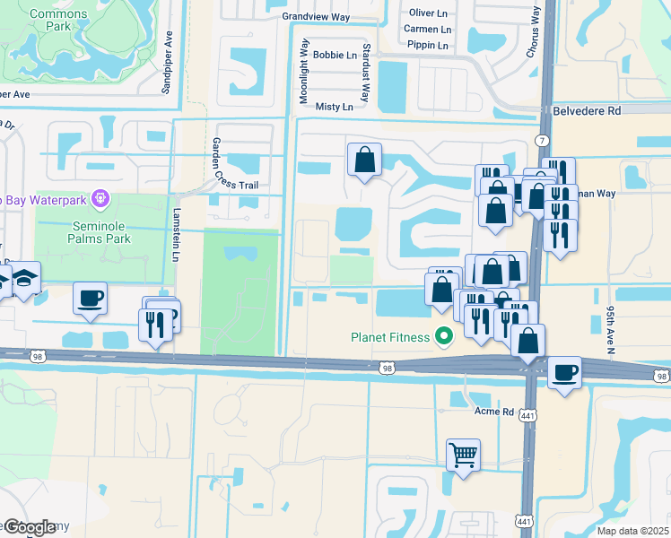 map of restaurants, bars, coffee shops, grocery stores, and more near 587 105th Avenue North in Royal Palm Beach