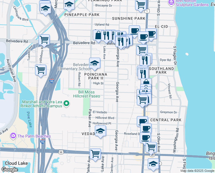 map of restaurants, bars, coffee shops, grocery stores, and more near 721 High Street in West Palm Beach